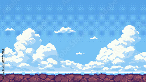 8-bit pixel art winter game level background. side-scrolling game. vector graphics. video game design. sky with white clouds.
