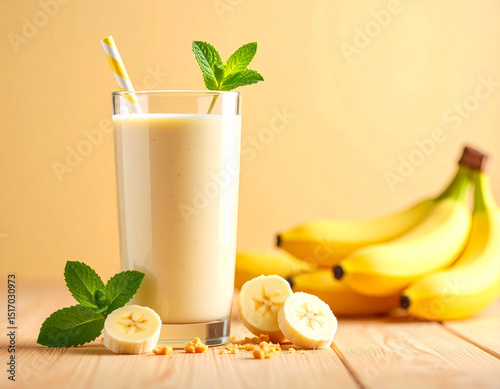 Un batido de platano en un vaso de cristal con pajita y menta sobre una mesa de madera con plátanos y fondo amarillo photo