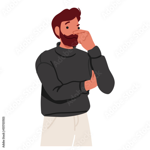 Adult bearded man cartoon character feeling strong bad breathing covering nose vector illustration