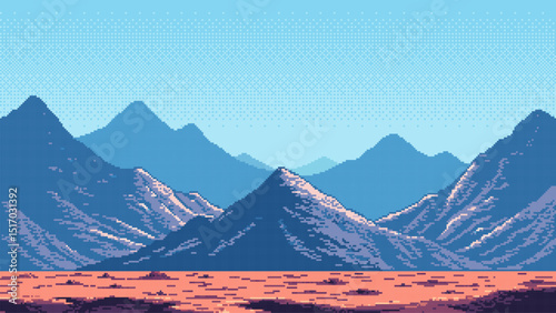 8-bit pixel art game level background. mountain space landscape. 2D retro video game style. side-scrolling game. vector graphics. 