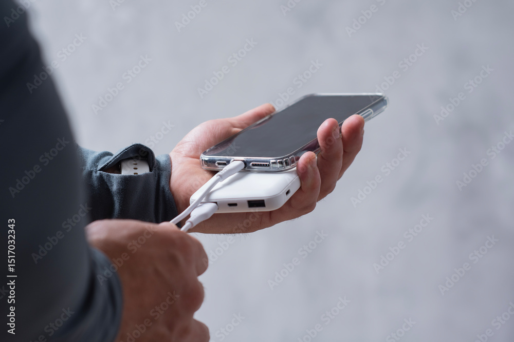 Fototapeta premium Close-up of a man holding a power bank and charging a smartphone. Portable charger for phone and gadgets.