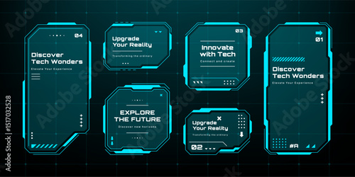 Set of HUD UI element frames. cyberpunk style. Text boxes in abstract tech style. Technology hi-tech design. Modern technology banners. Vector graphics.
