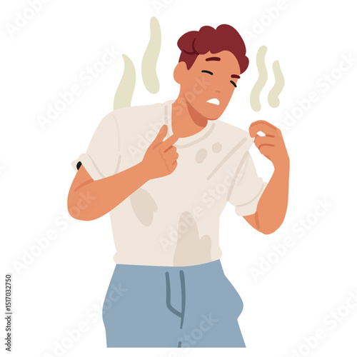 Unhappy man cartoon character suffering from terrible bad smelling clothes with dirty sweaty stains