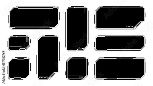 Set of HUD UI element frames. Text boxes in abstract tech style. cyberpunk style. hi-tech design. Modern technology banners. Vector graphics. game interface elements. sci-fi frames