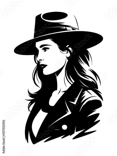 Elegant woman in fedora hat silhouette with bold black and white illustration