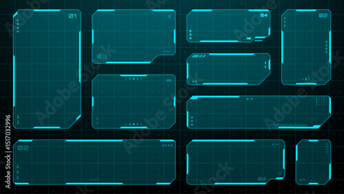 Set of HUD UI element frames. Text boxes in abstract tech style. cyberpunk style. hi-tech design. Modern technology banners. Vector graphics. game interface elements. sci-fi frames