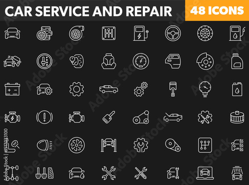 Vector Car Service and repair line editable icons isolated on black background.