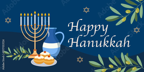 Happy Hanukkah - vector greeting card with blue background.