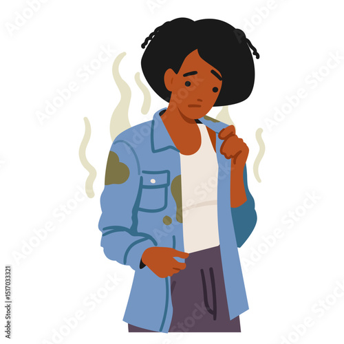 Sad woman cartoon character suffering from bad smell from dirty sweaty stink clothes portrait