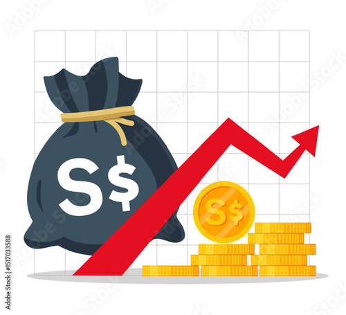 Singapore Money. Singapore dollar and red arrow rising up. Finance growth illustration.