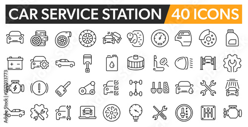 Car Service Station - 40 editable line icons. Automotive icons collection.