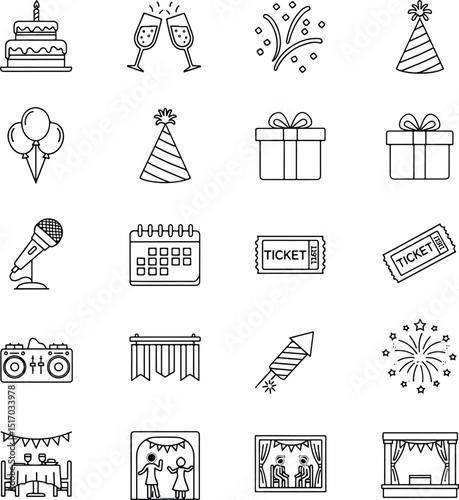 Essential vector line icons for birthdays, weddings, and events. Perfect for invitations and festive designs. Generative AI