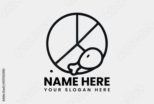 Simple line art illustration of a plate featuring a balanced food portion with a chicken drumstick. Food and health concept