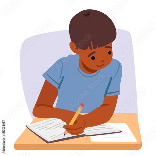 Clever schoolboy child cartoon character peeking at cheat sheets in class during examination process