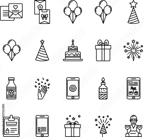 Essential vector line icons for birthdays, weddings, and events. Perfect for invitations and festive designs. Generative AI