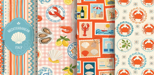 Mediterranean summer. Vector illustration of Amalfi, Italian cuisine, striped pattern, lobster, crab, lemon, postage stamps, shell for poster, background or textile