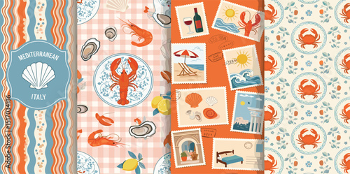 Mediterranean summer. Vector illustration of Amalfi, Italian cuisine, striped pattern, lobster, crab, lemon, postage stamps, shell for poster, background or textile