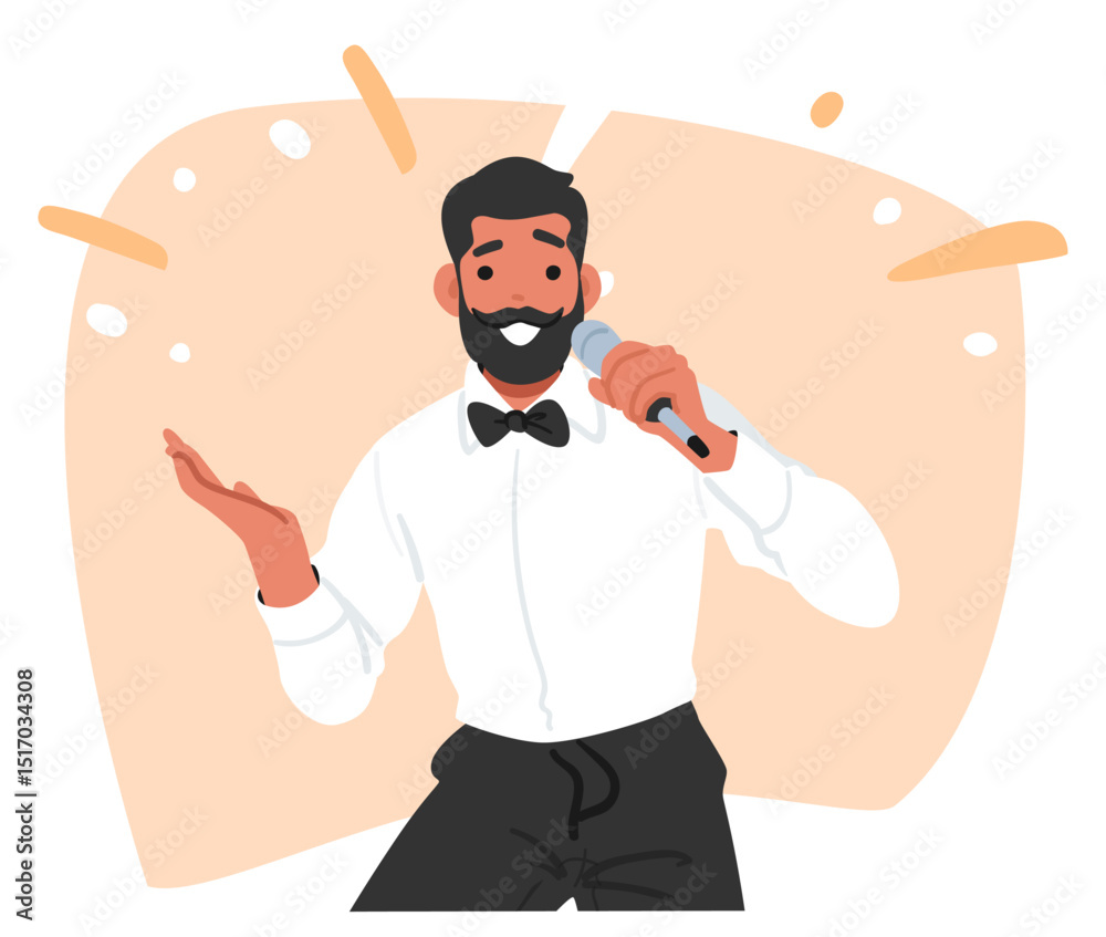 Ecstatic quiz game show host cartoon character wearing suit talking in microphone announcing winner