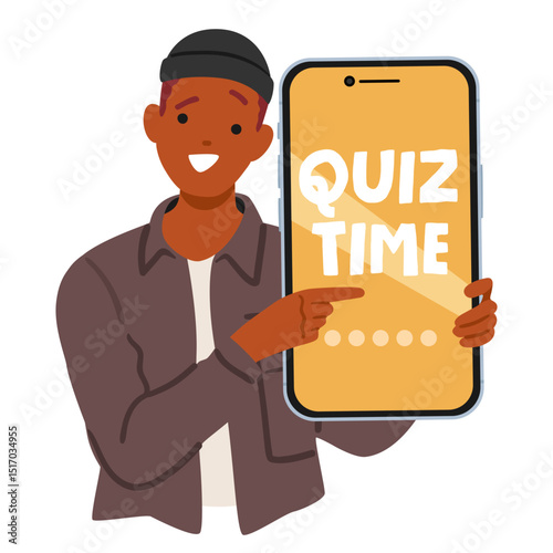 Young man holding mobile phone with quiz time announcement getting ready to take part in contest