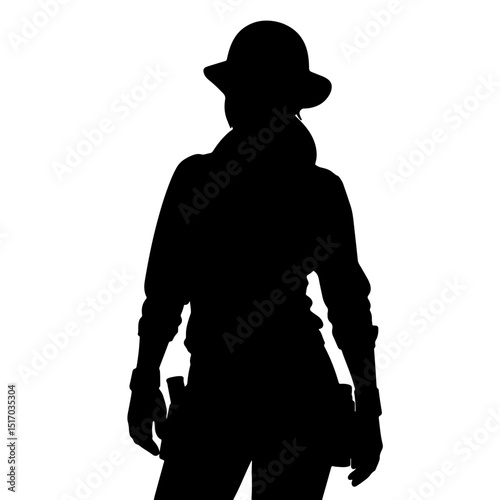 Silhouette of a female construction worker with tools standing confidently against a white background representing empowerment in the oil and gas industry