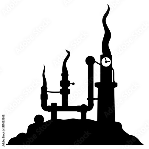 Silhouette of oil and gas pipelines emitting smoke against a white background, industrial concept of energy, oil & gas companies