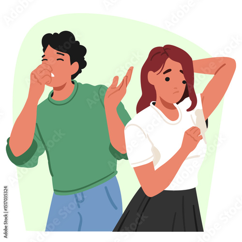 Unpleasant situation during couple conversation due to bad smell of sweaty armpits of girlfriend