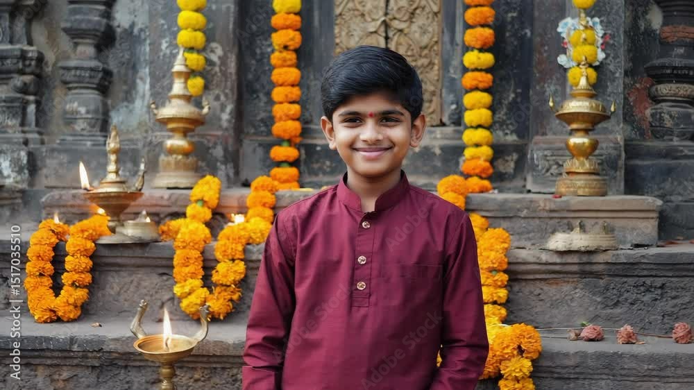 Cheerful young boy wearing traditional attire standing inside ornate temple, surrounded by vibrant orange flower garlands and glowing oil lamps during festive religious celebration