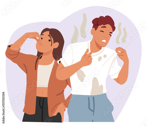 Problem of hyperhidrosis and sweat clothes bad smell scene with man woman couple in trouble