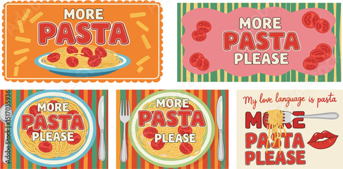 Italian pasta. Vector fun modern food art illustration of pasta, plate of spaghetti, tomato, typography, fork for kitchen or cafe wall poster, background, decor. More pasta please.