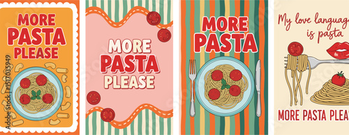 Italian pasta. Vector fun modern food art illustration of pasta, plate of spaghetti, tomato, typography, fork for kitchen or cafe wall poster, background, decor. More pasta please.