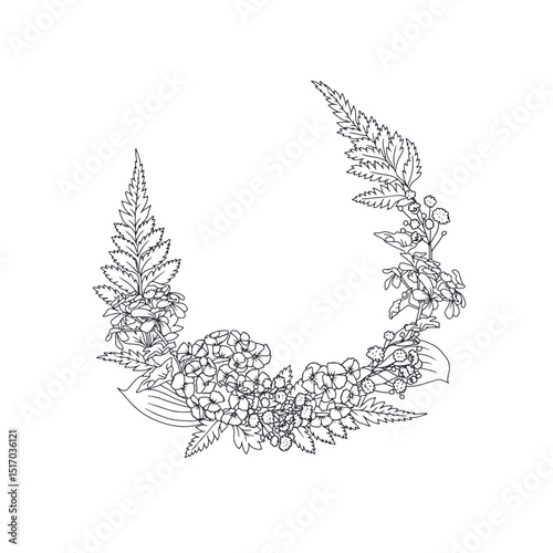 Hand drawn line art black and white sweet william and geranium flowers round wreath. Vintage monochrome romantic floral frame vector illustration