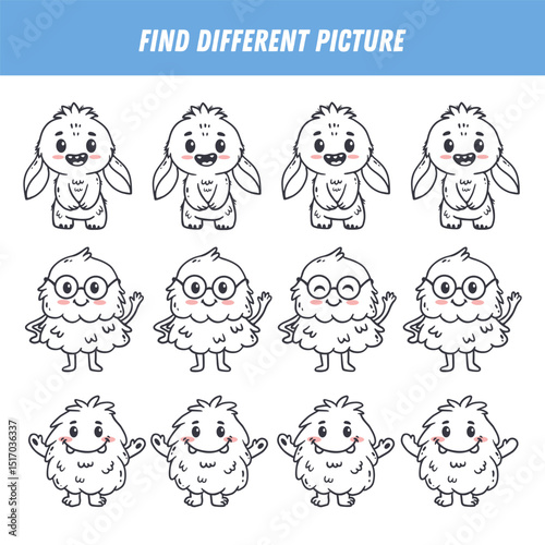Find different monster each row. Logical game for kids. Cartoon monster. Doodle. Vector
