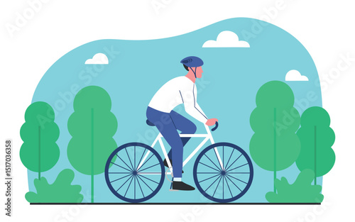 Bicyclist. A man in a tracksuit and helmet rides a bicycle against the background of trees and a park. Ecological transport. Healthy lifestyle. Flat color vector illustration