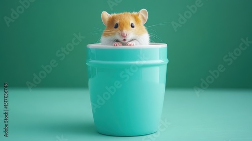 A cute hamster peeks out from a teal pot against a soft background, perfect for pet care, animal-themed content, or playful advertising, Its charming expression enhances any friendly design,