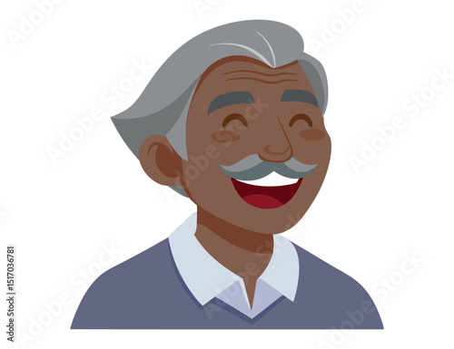African American elderly, happy man, a grandfather with gray hair and a mustache. Mature character in a flat vector style