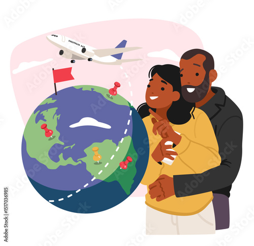 Couple cartoon characters choosing traveling tour on vacation looking for location on earth globe