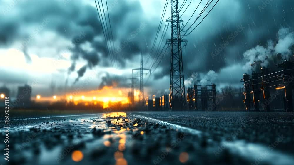 Electrical substation under torrential rain, with transformers glistening wet and steam swirling into the air, raindrops streaking across the frame as high-voltage lines buzz in th