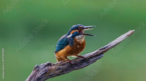 A colorful lilac-breasted roller, a beautiful wild bird, and a blue kingfisher perch on a green branch in nature