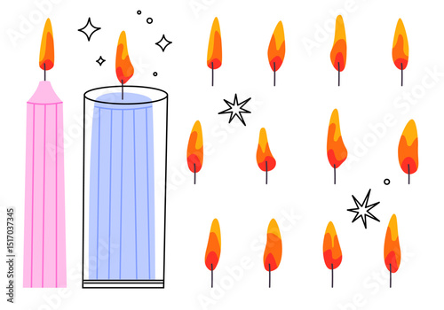 Soy candle. Wax candle with light. Modern decoration. Romantic spa decor. Candle fire different types of flame