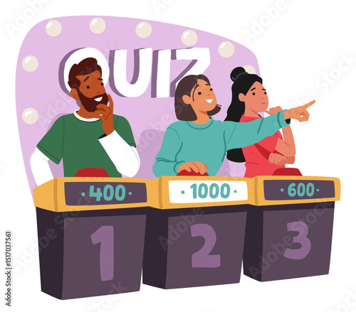 Man and woman participant cartoon characters answering question playing quiz game TV show scene