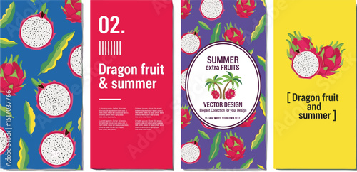 Dragon fruit. Summer fruits. Vector modern stylish illustration of dragon fruit, tree, pattern for plant background, textile, invitation, greeting card, packaging, label, brand, badge, italian poster