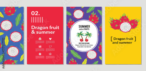 Dragon fruit. Summer fruits. Vector modern stylish illustration of dragon fruit, tree, pattern for plant background, textile, invitation, greeting card, packaging, label, brand, badge, italian poster
