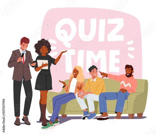 Diverse people playing quiz game taking part in TV talk show program with hosts cartoon scene
