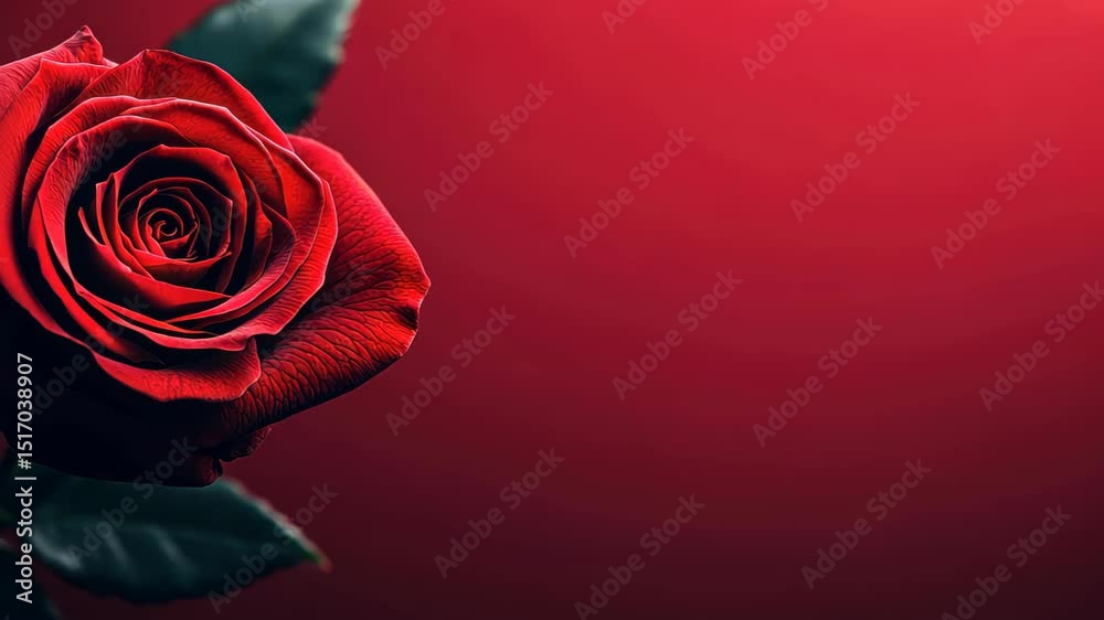 Crimson Elegance: A single, velvety crimson rose blossoms, its petals exquisitely detailed against a seamless deep-red backdrop, exuding timeless beauty and romance.