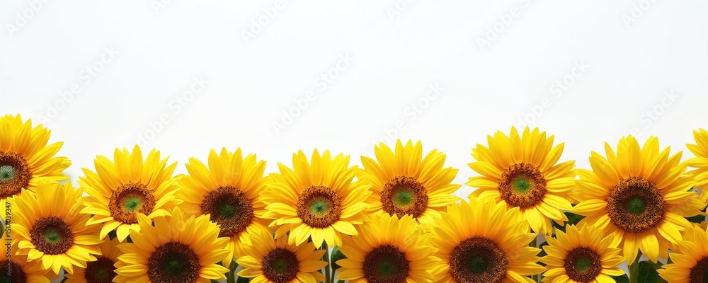 Naklejka premium Yellow sunflowers arranged border. Bright flowers isolated white background. Summer seasonal decor. Sunny floral design for greeting cards, wedding invitations, advertising, posters.