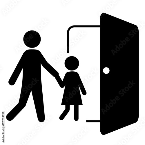子供を連れてドアを出る親子のシルエット