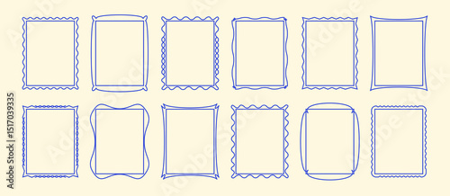 Squiggly frame, scallop rectangle, wavy edge shape box linear icon, curvy form editable stroke. Wiggly retro banner, postal stamp thin line art, blue Italian serrated arch collage. Vector illustration