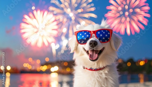 Fluffy white puppy dog pet wearing American Patriotic Red Sunglasses with Blue and White stars, in front of an Independence Fourth of July Fireworks Celebration. Custom AI Model