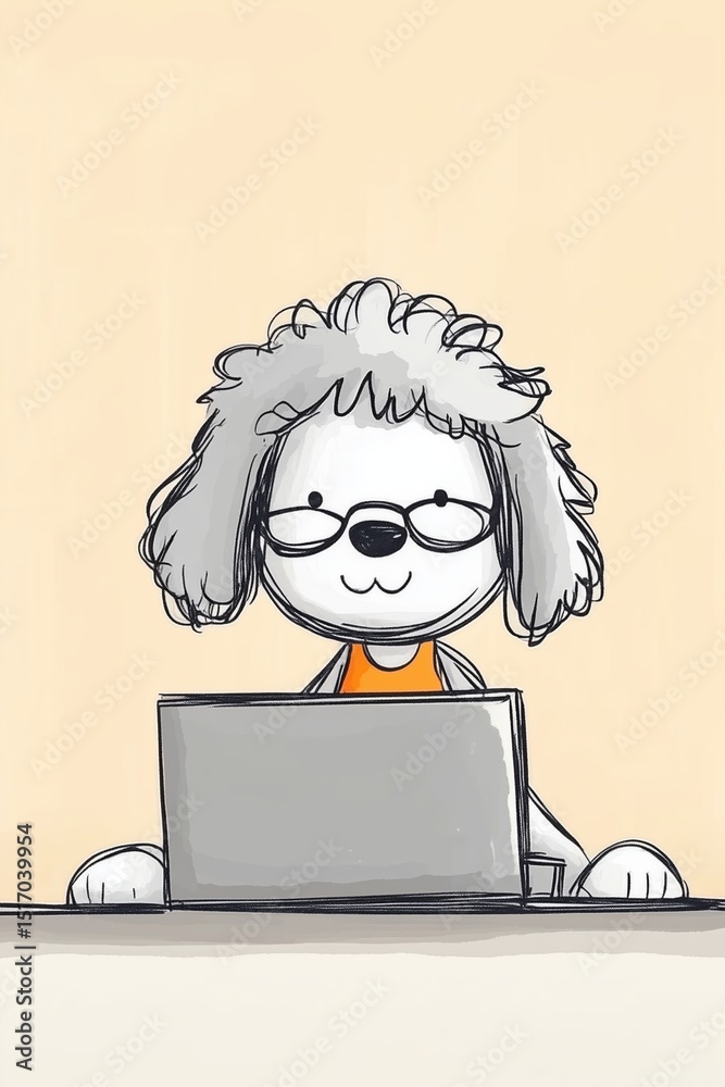 Fototapeta premium Cartoon dog character using a laptop in a cozy workspace with a light background