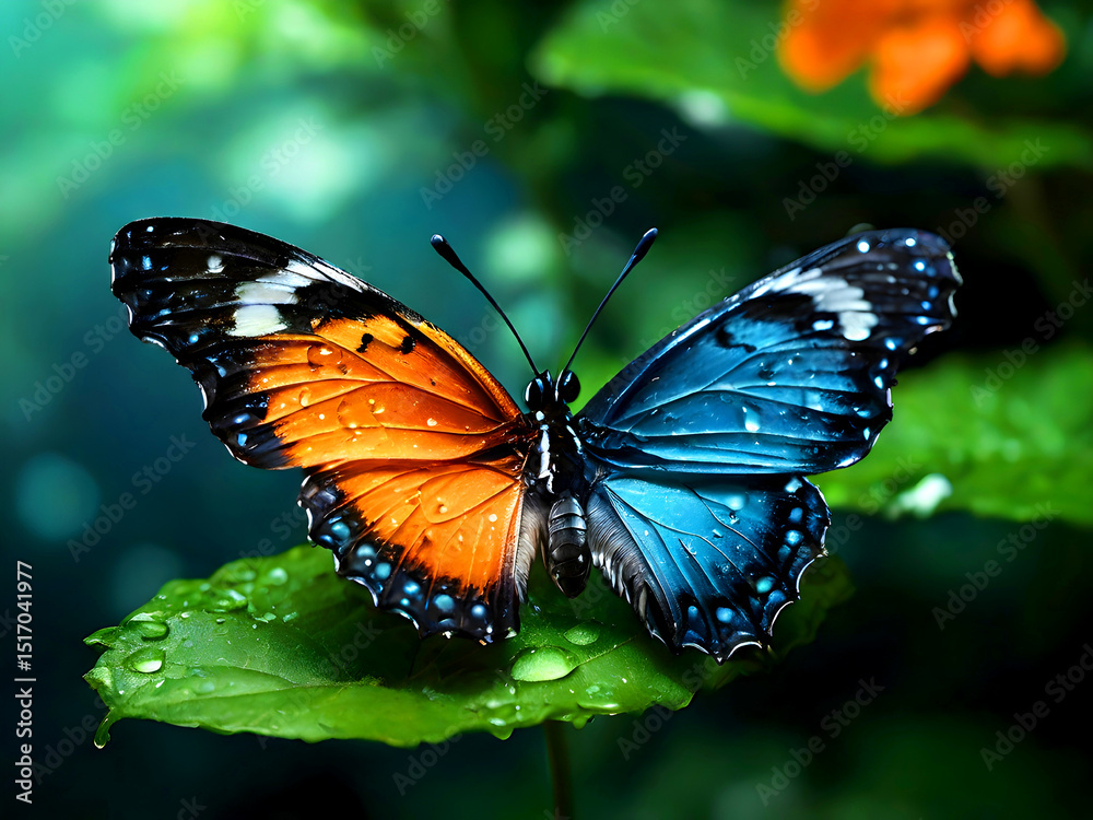 Fototapeta premium A colorful butterfly on a leaf, its wings dripping with dew.